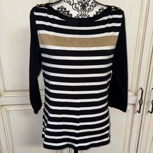 Ralph Lauren Size XL Black and White Striped 3/4 Sleeve Blouse with Gold Detail